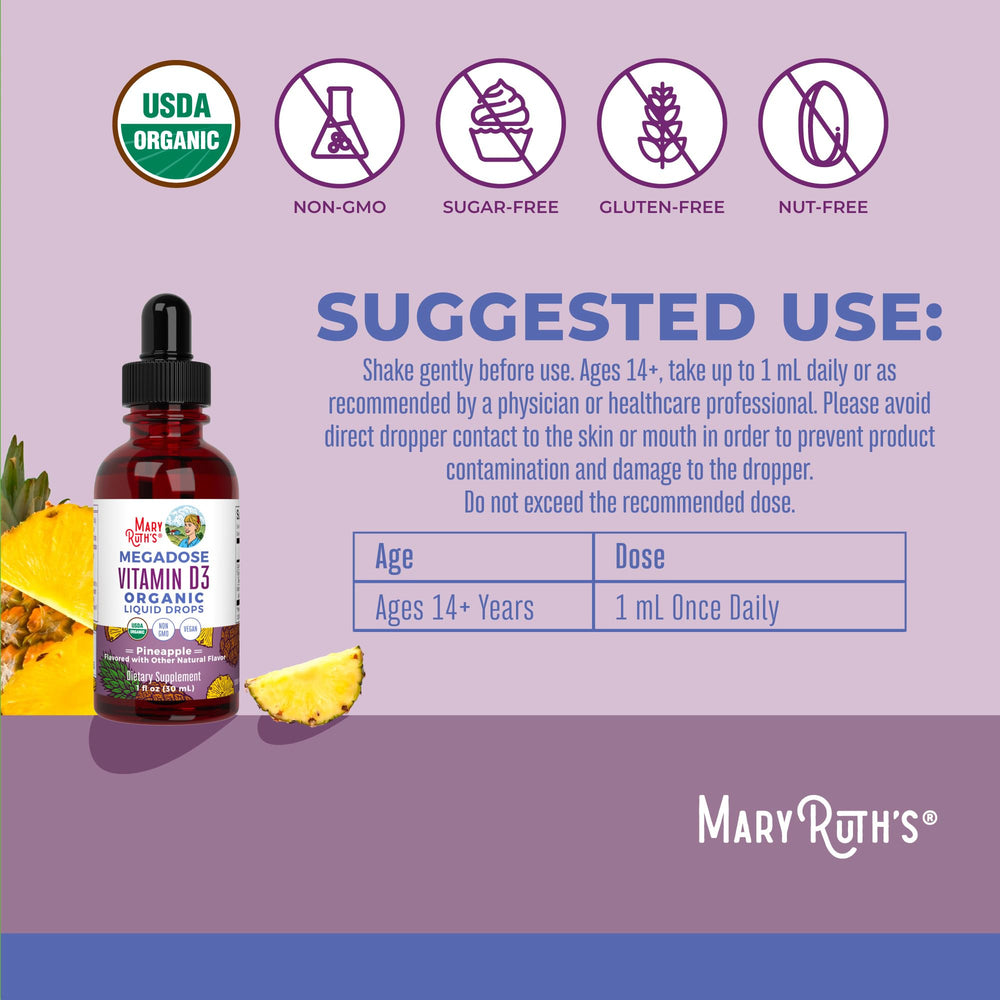 MaryRuth's D3 drops ingredients label highlights vegan non-GMO formula
