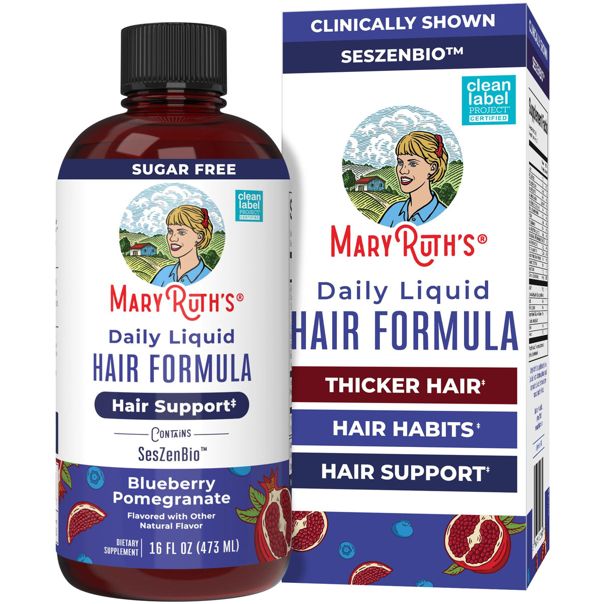 MARYRUTH'S Daily Liquid Hair Formula bottle on a counter for easy daily use supporting hair health.
