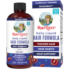 MARYRUTH'S Daily Liquid Hair Formula bottle on a counter for easy daily use supporting hair health.