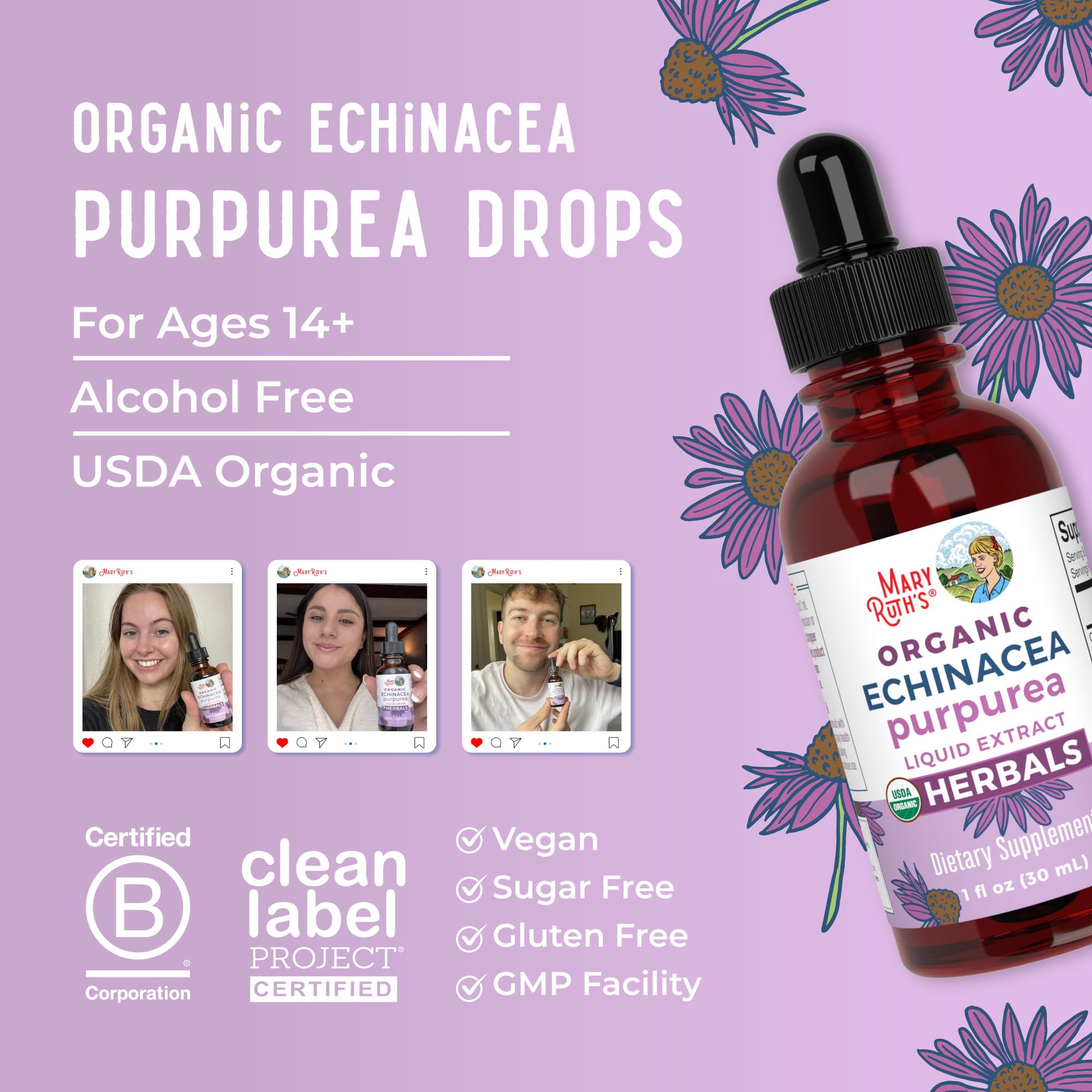 Close-up of MaryRuth's echinacea liquid cap and dropper for dosing