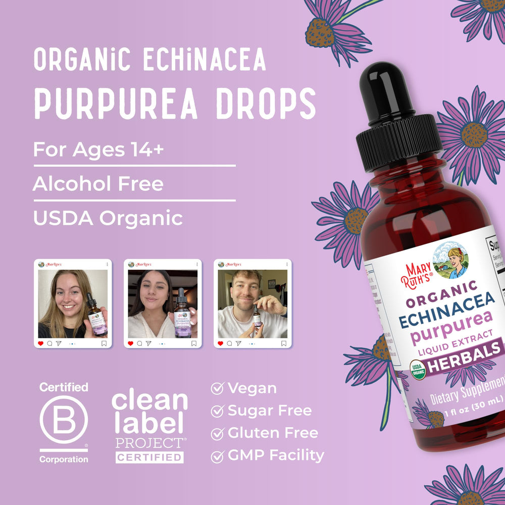 Close-up of MaryRuth's echinacea liquid cap and dropper for dosing