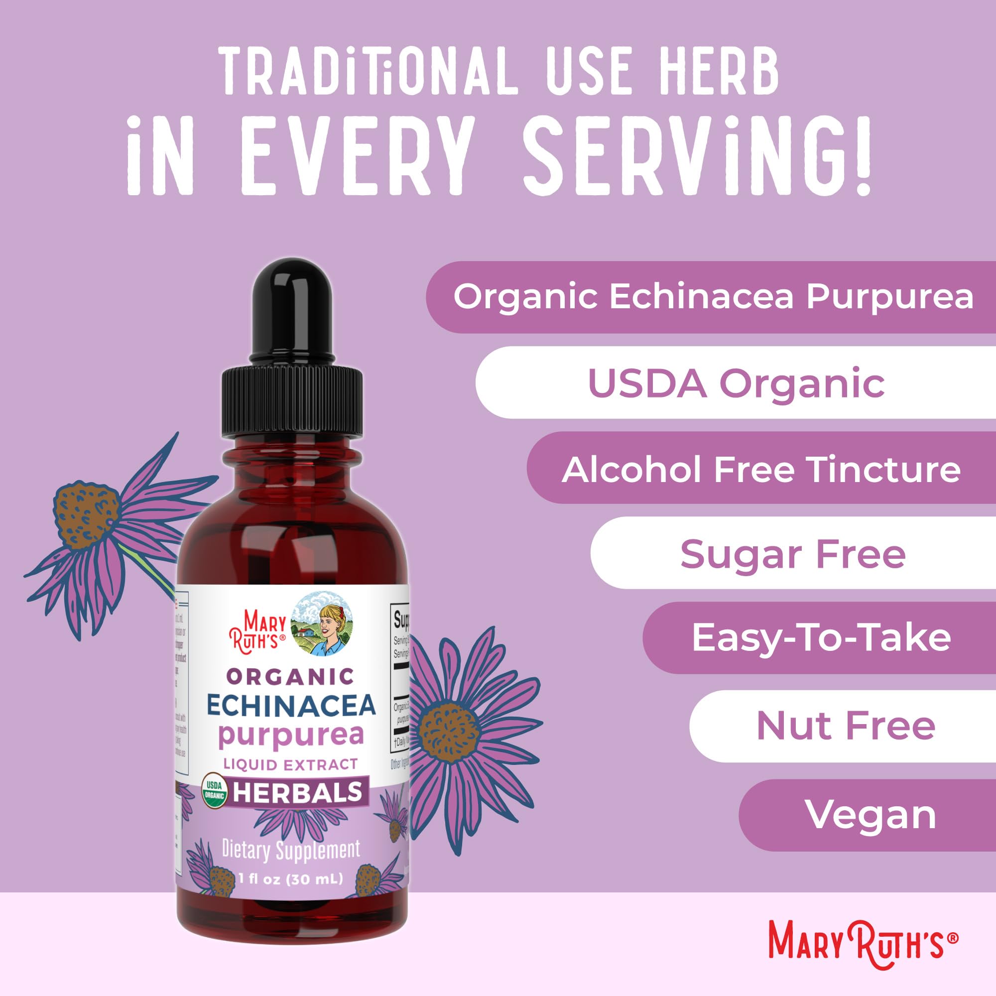 MaryRuth's Organics echinacea liquid drops in a glass of water