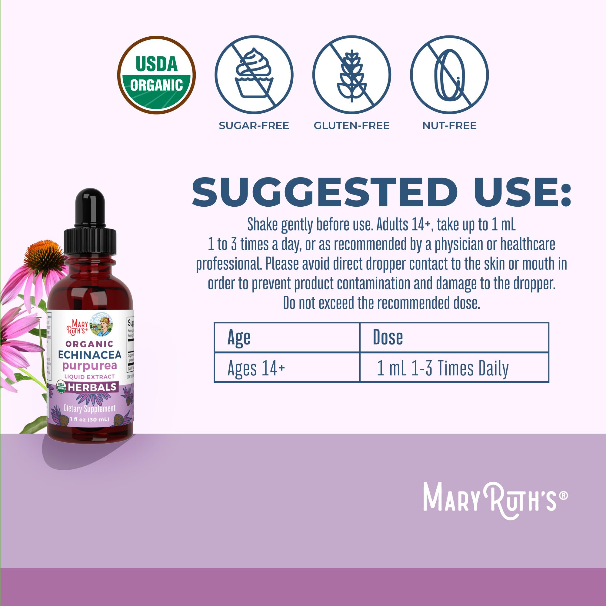 MaryRuth's Organics echinacea liquid label highlighting organic vegan formula