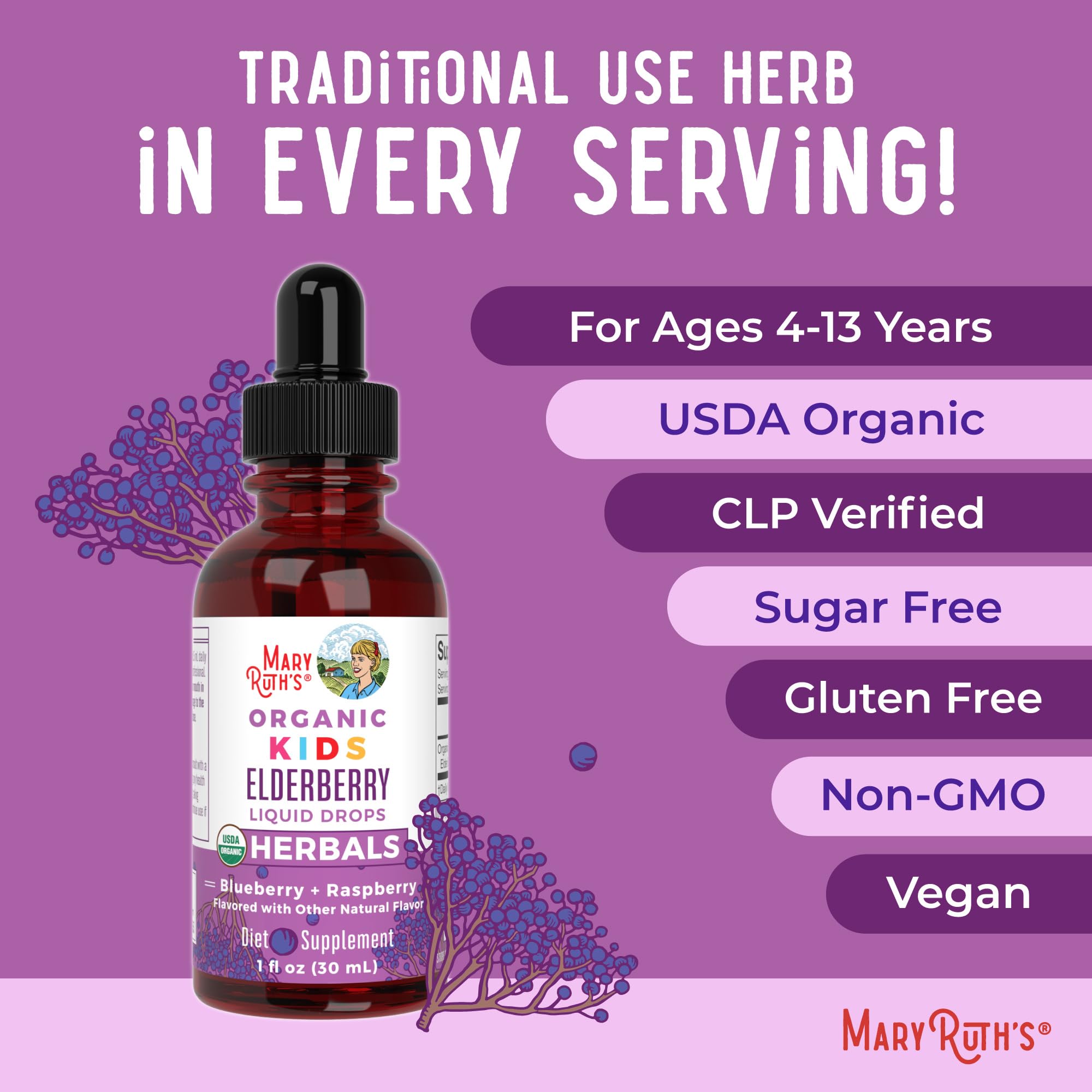 MARYRUTH'S Vegan Organic Elderberry Drops on display.