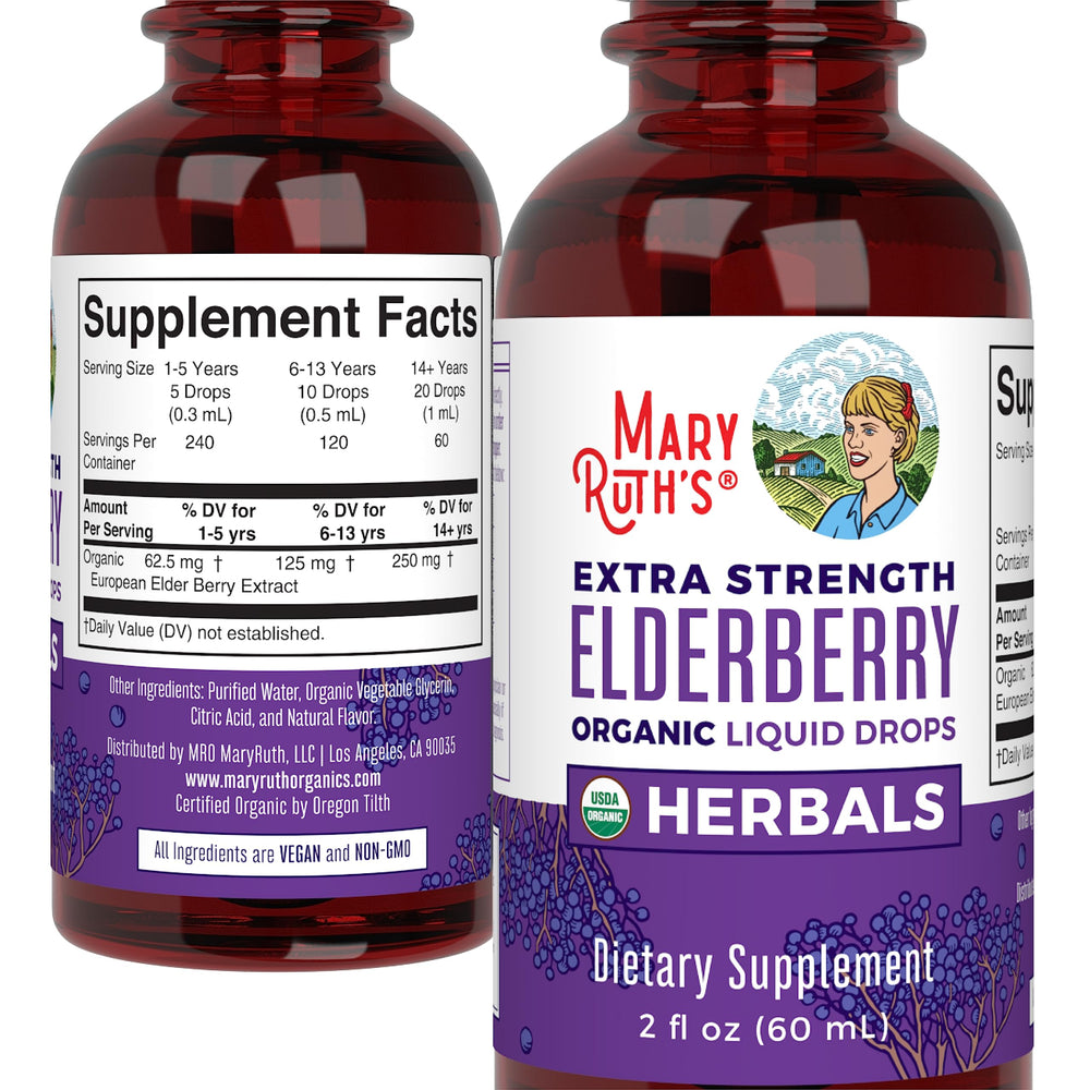 MaryRuth's Elderberry Syrup 2 oz bottle on countertop.
