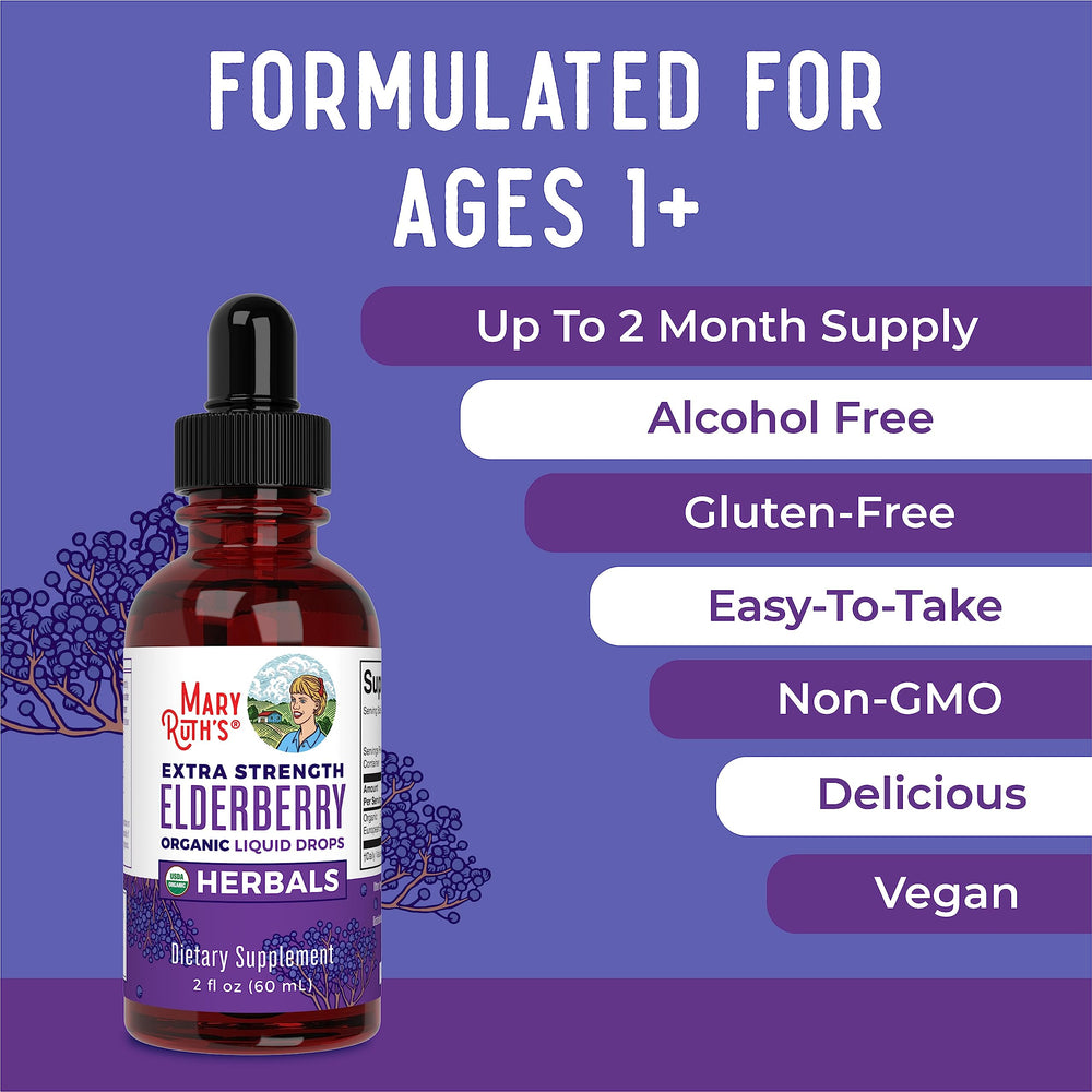 MaryRuth's Elderberry Syrup Extra Strength dropper dispensing drops.