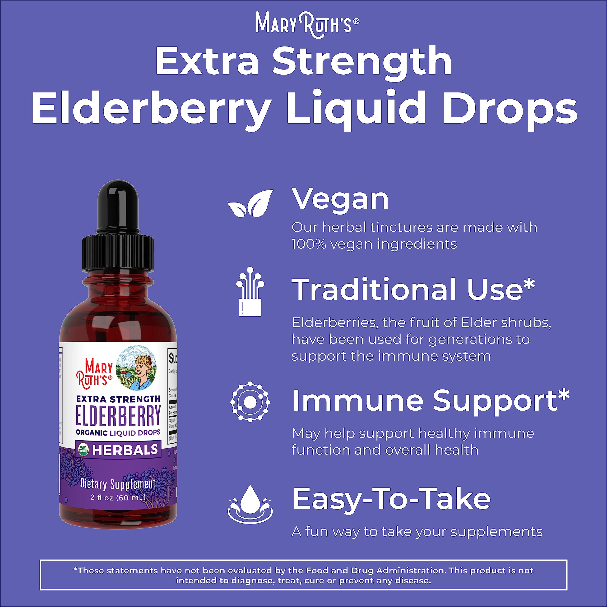 MaryRuth's Elderberry Syrup ingredients list highlighting organic elderberry.
