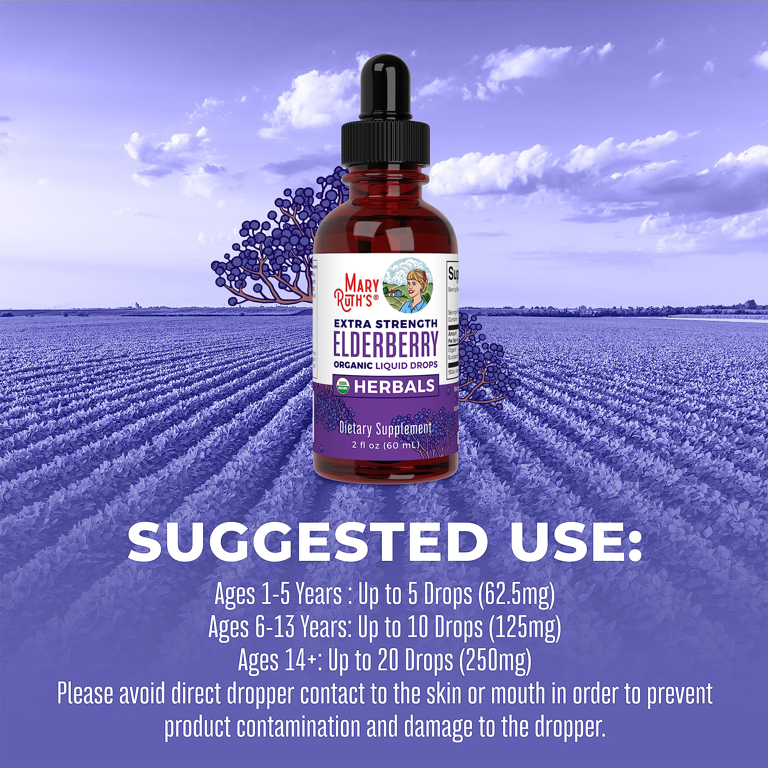 Close-up of MaryRuth's Elderberry Syrup label showing organic and vegan claims.