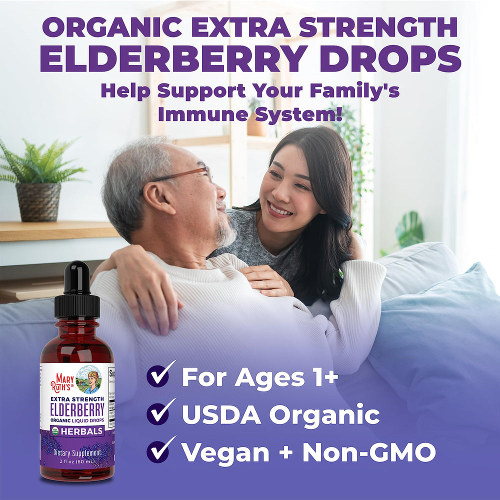 MaryRuth's Elderberry Syrup vegan label and allergen-free icons.