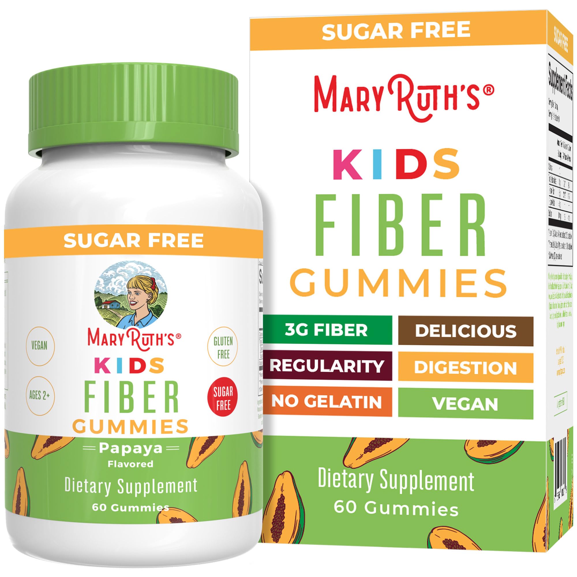 MARYRUTH'S Fiber Gummies for Kids bottle front highlights vegan, sugar-free fiber support for digestion