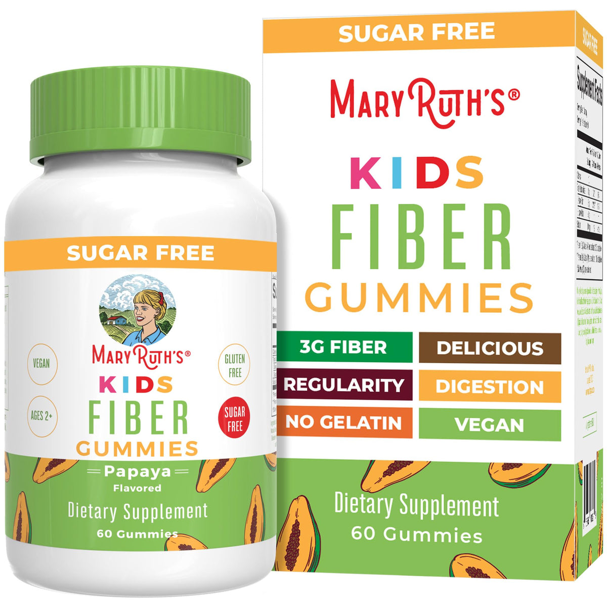 MARYRUTH'S Fiber Gummies for Kids bottle front highlights vegan, sugar-free fiber support for digestion