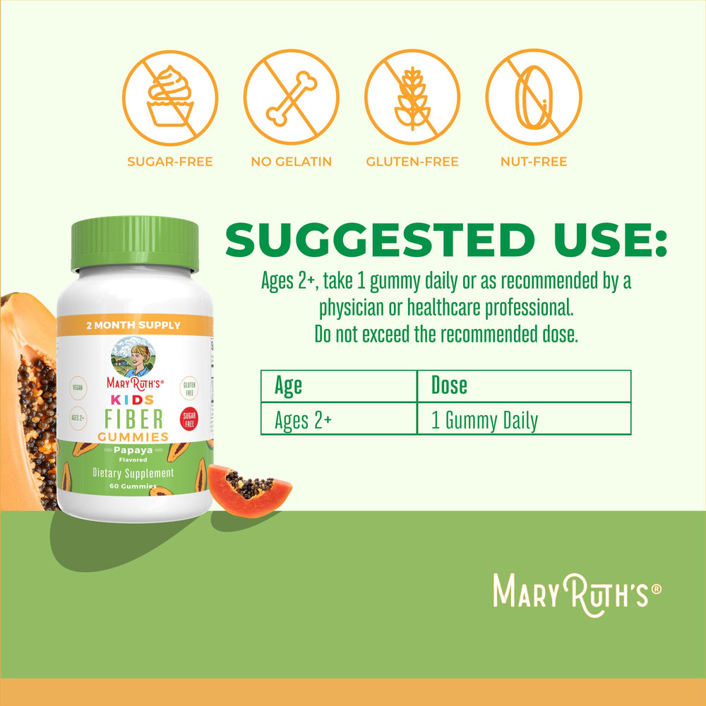 MARYRUTH'S Fiber Gummies for Kids serving image features a papaya-flavored gummy for after-school routine