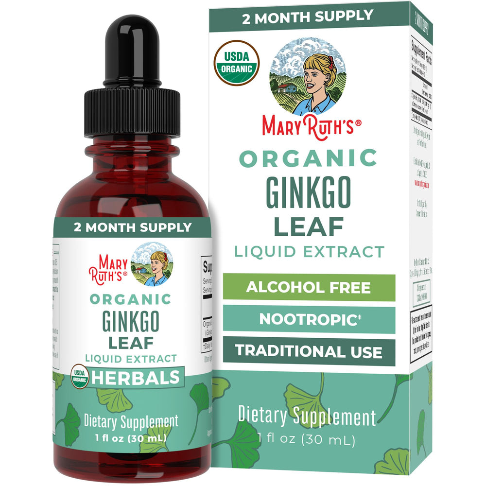 MaryRuth's Ginkgo Leaf Liquid Drops bottle on counter for daily use