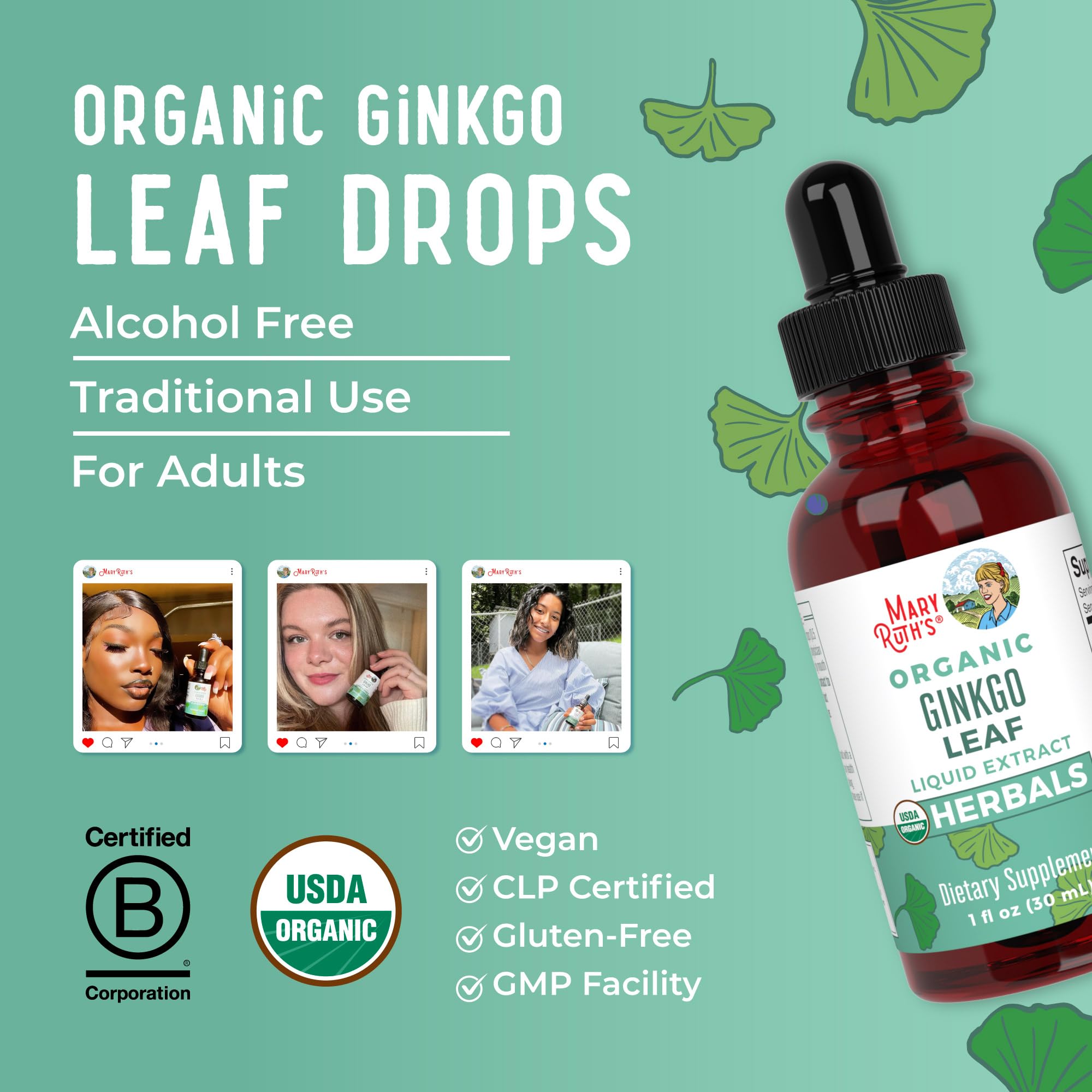 Glass with drops from MaryRuth's Ginkgo Leaf Liquid Drops mid-pour