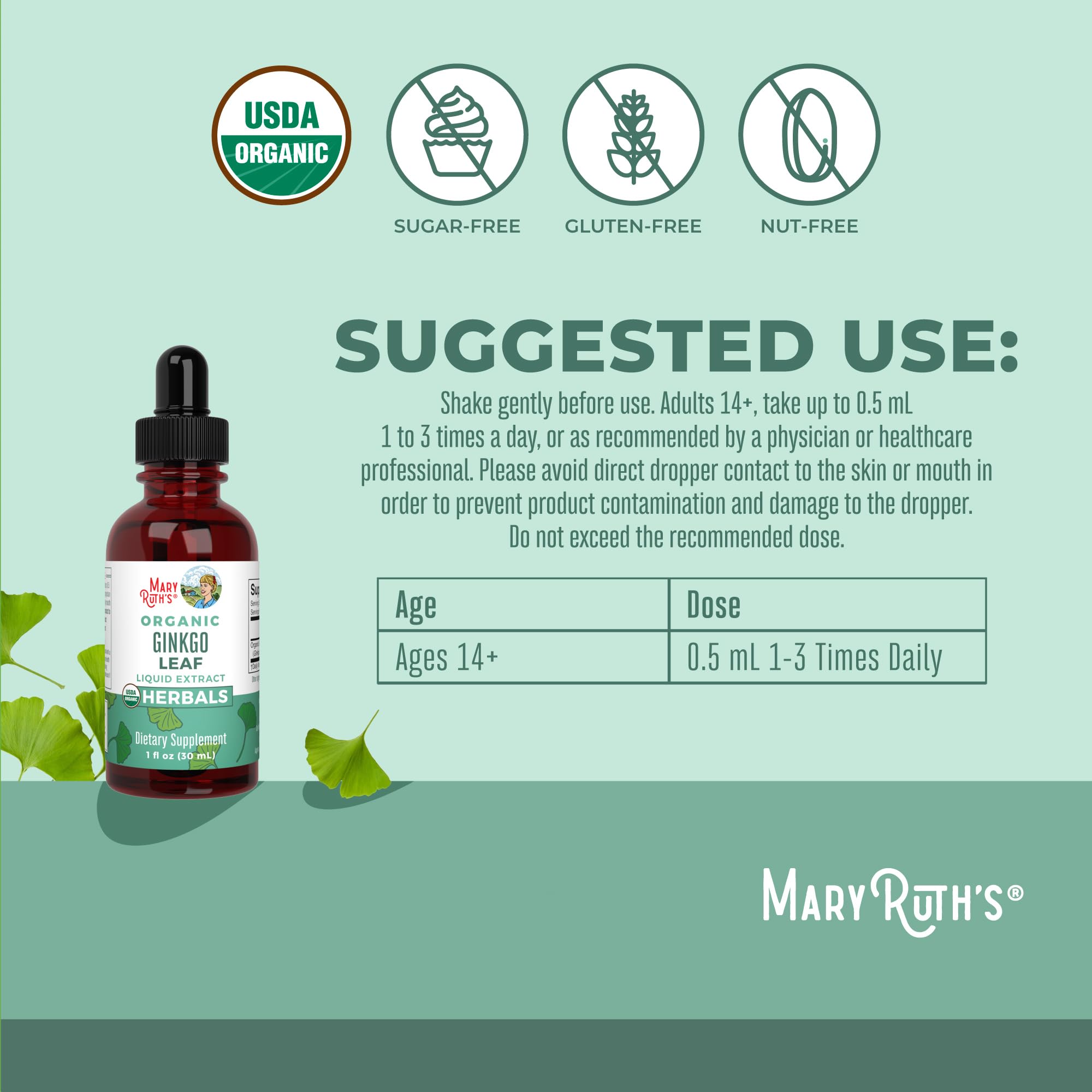 Close-up of MaryRuth's Ginkgo Leaf Liquid Drops label for daily focus