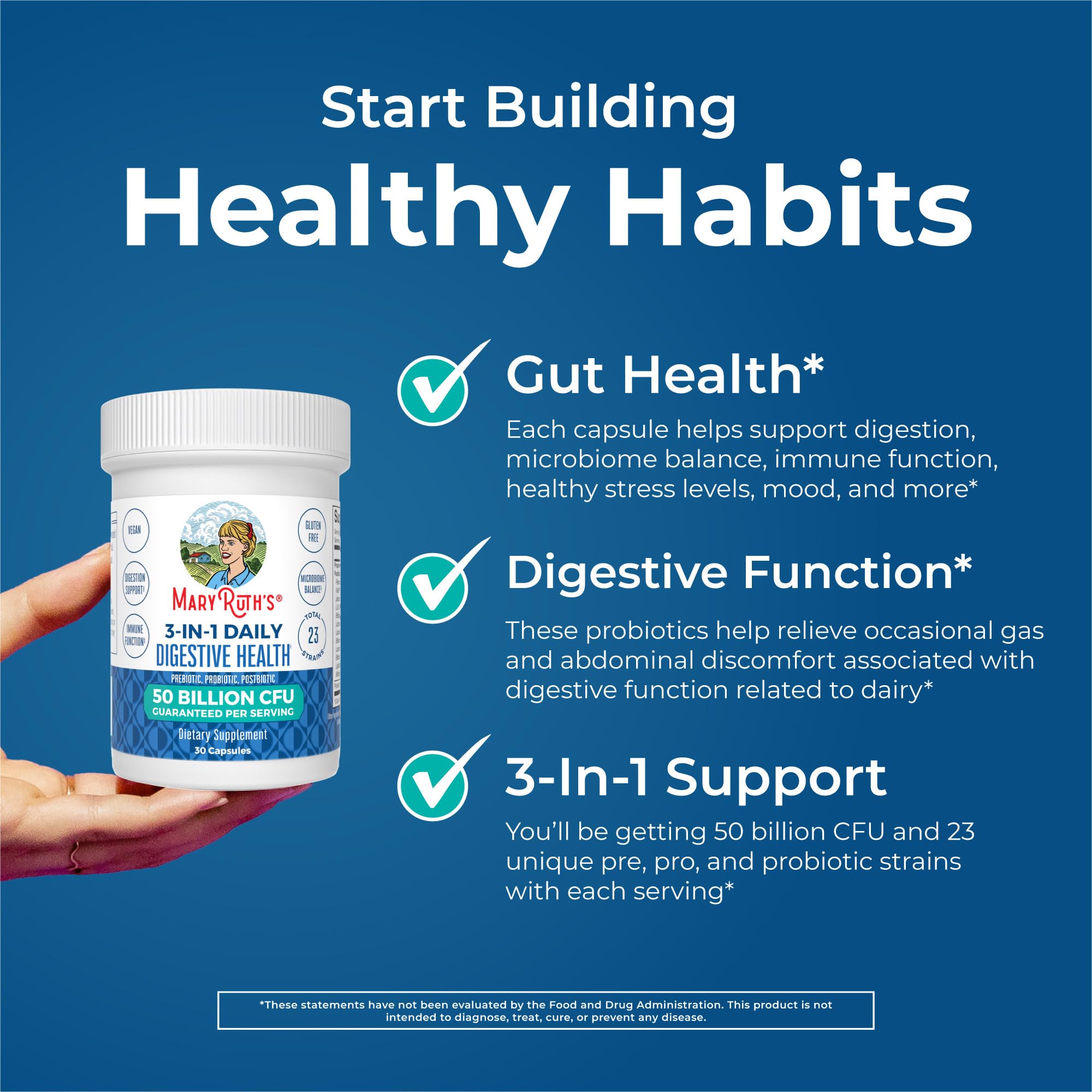 MARYRUTH'S bottle emphasizing gluten-free, nut-free, and soy-free probiotic options.