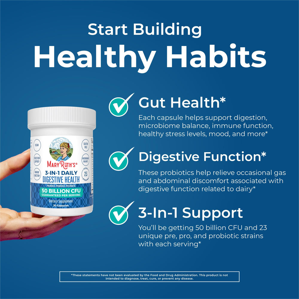 MARYRUTH'S bottle emphasizing gluten-free, nut-free, and soy-free probiotic options.