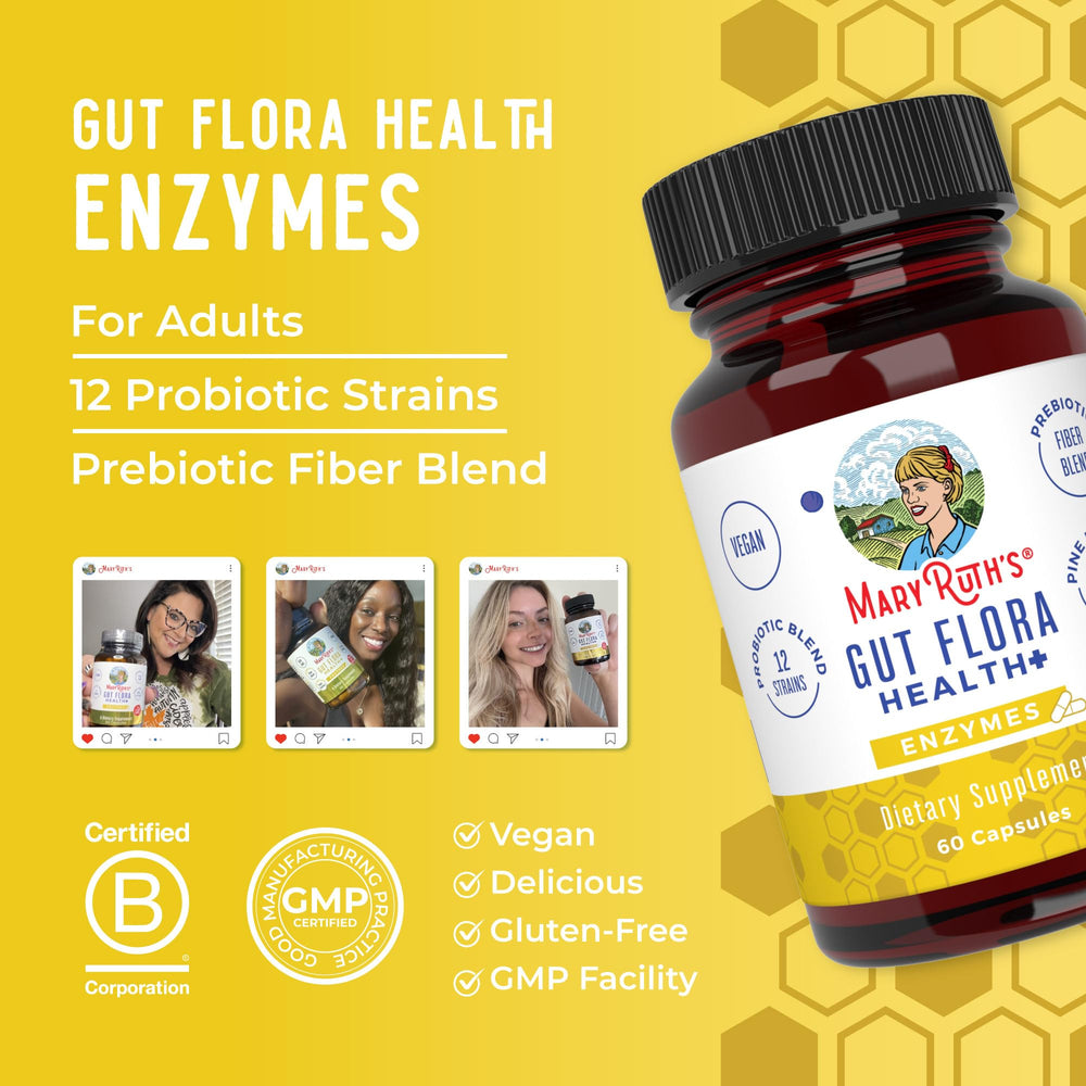 MaryRuth's Gut Flora Health+ Enzymes bottle beside nutrition facts
