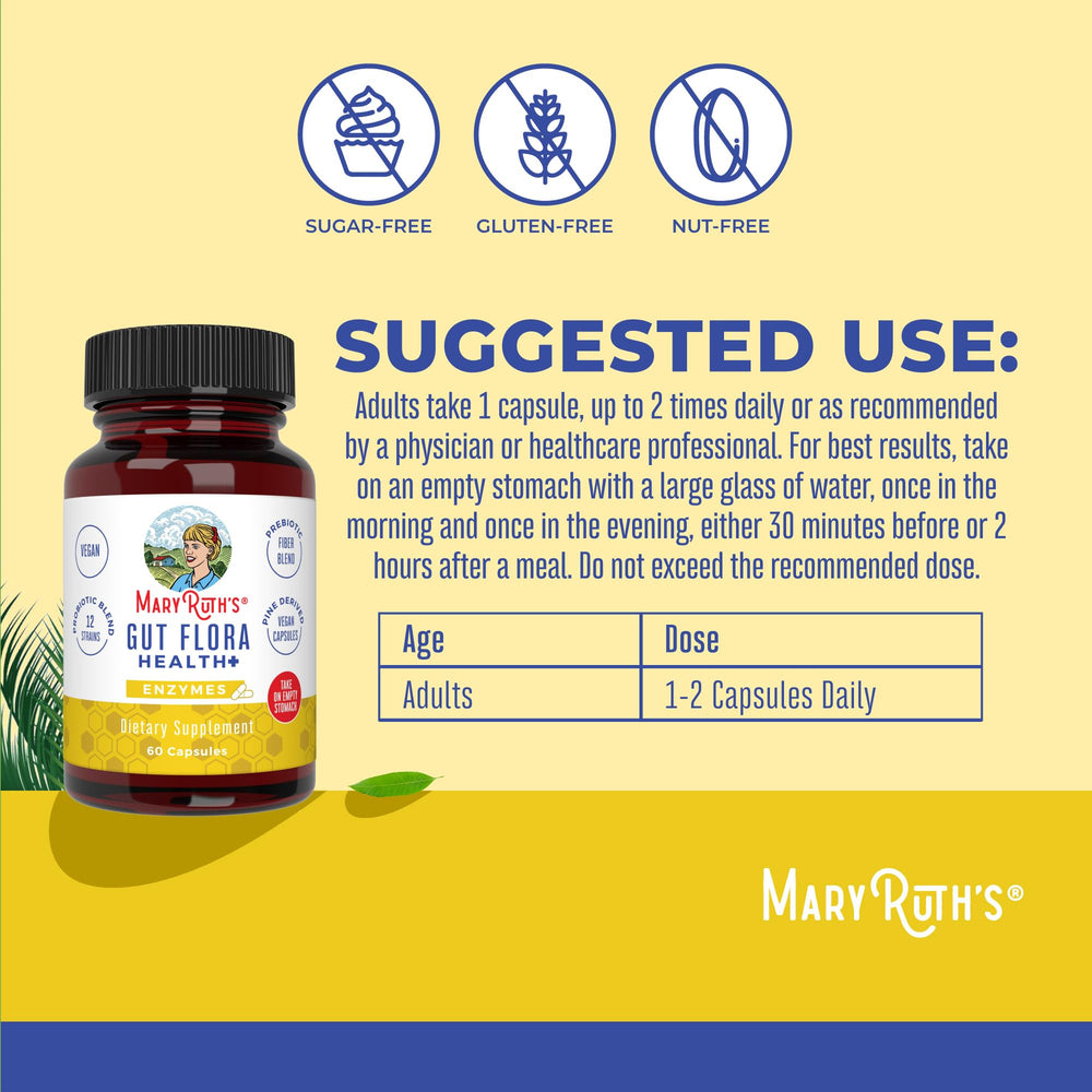 MaryRuth's Gut Flora Health+ Enzymes label highlights vegan capsule formula