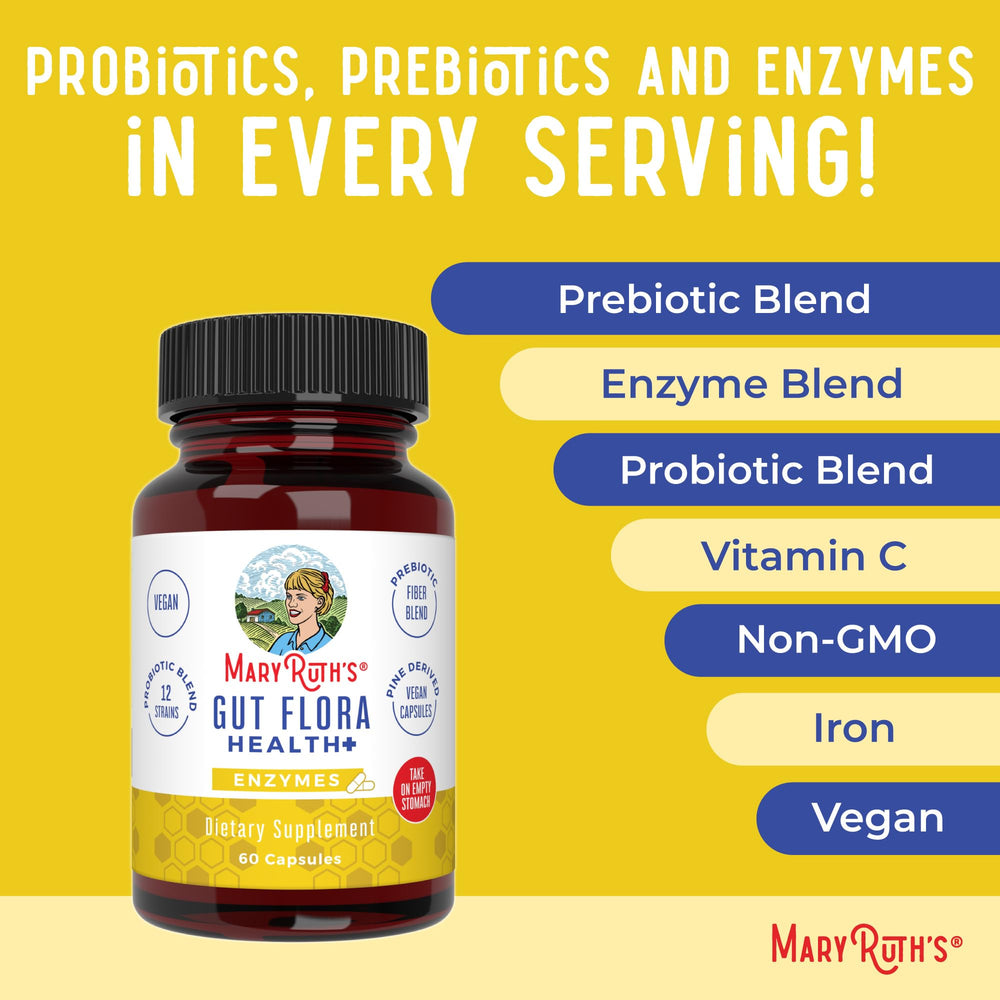 MaryRuth's Gut Flora Health+ Enzymes packaging displayed on kitchen counter