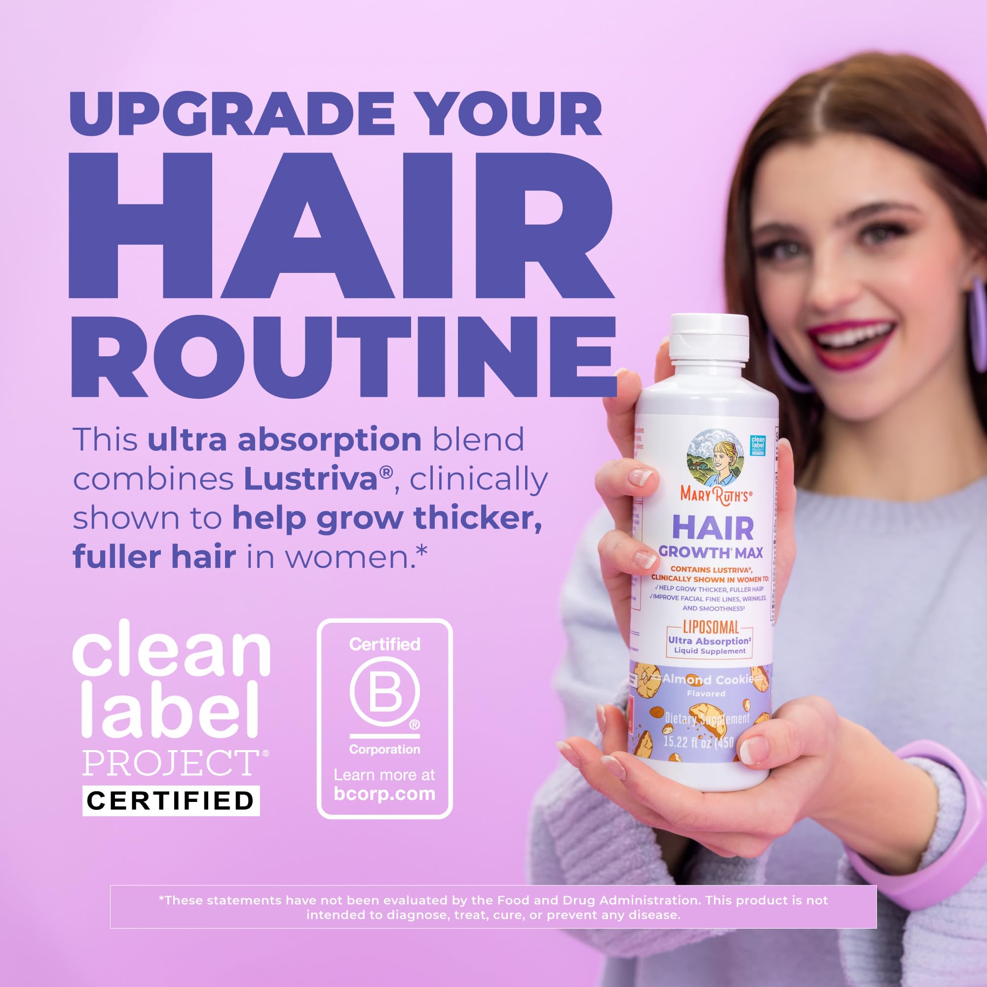 MaryRuth's Hair Growth Max front bottle highlighting vegan and clean-label