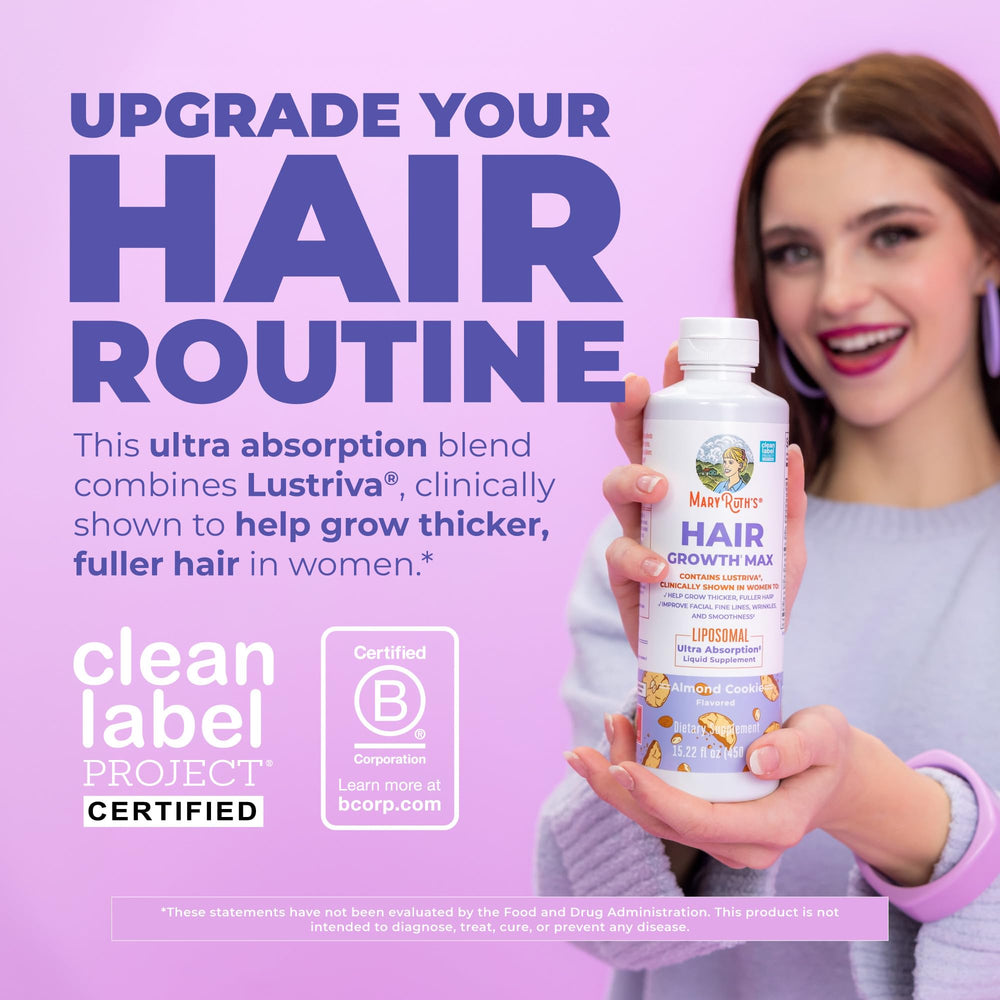 MaryRuth's Hair Growth Max front bottle highlighting vegan and clean-label