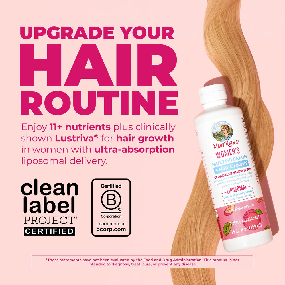 MaryRuth's Hair Growth Multivitamin label close-up highlighting ingredients.