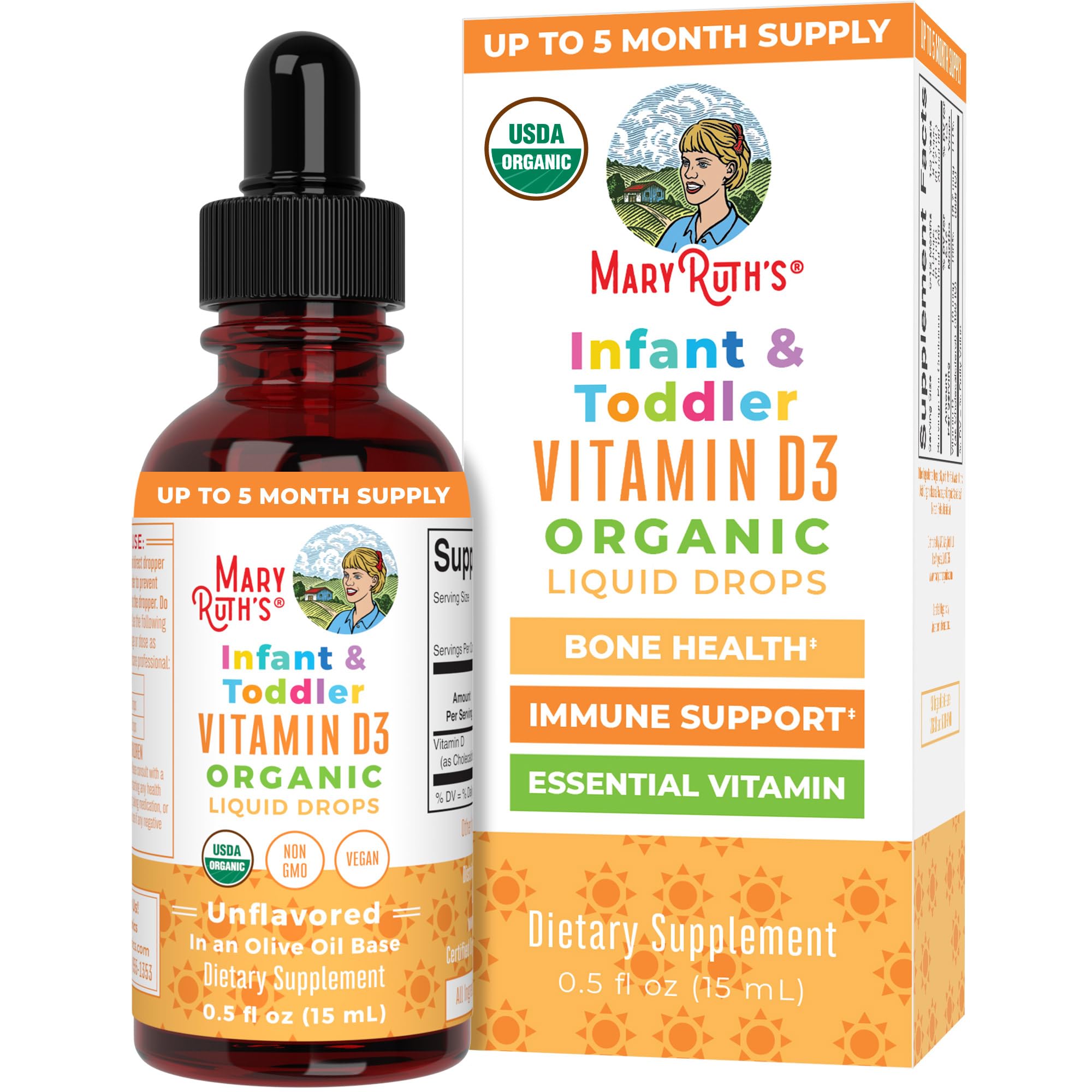 MaryRuth's Vitamin D drops bottle, vegan organic D3 for daily use.