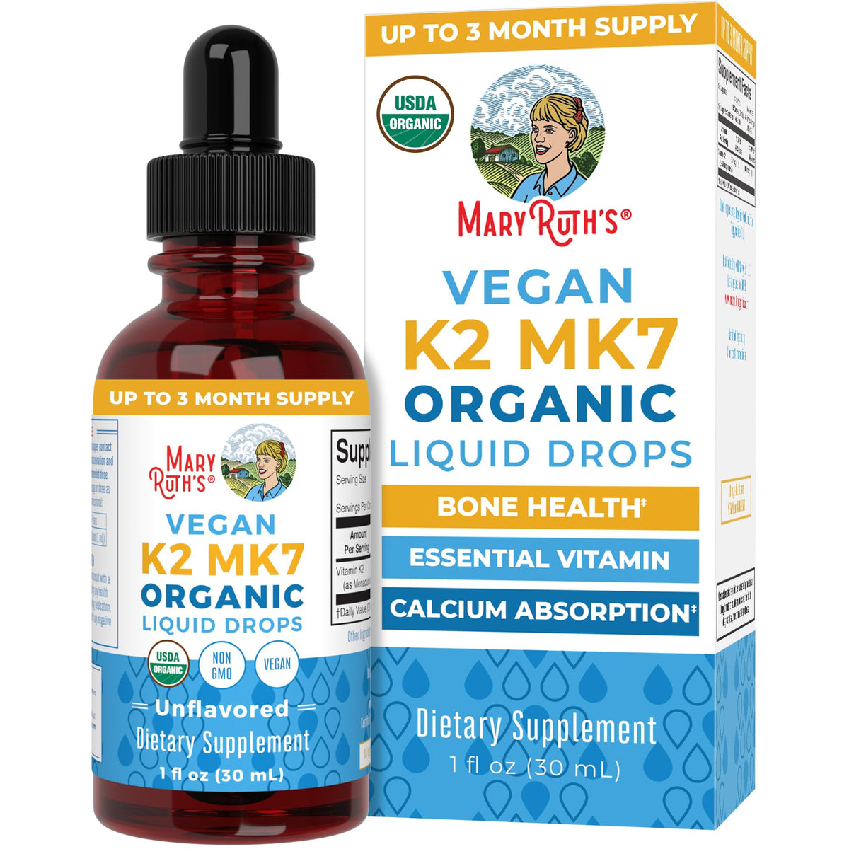 MaryRuth's K2 MK7 drops bottle showcases natto-derived K2 for absorption.