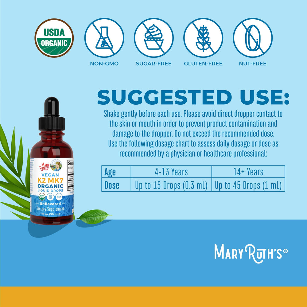 MaryRuth's K2 MK7 dosage chart image highlights age-based serving recommendations.