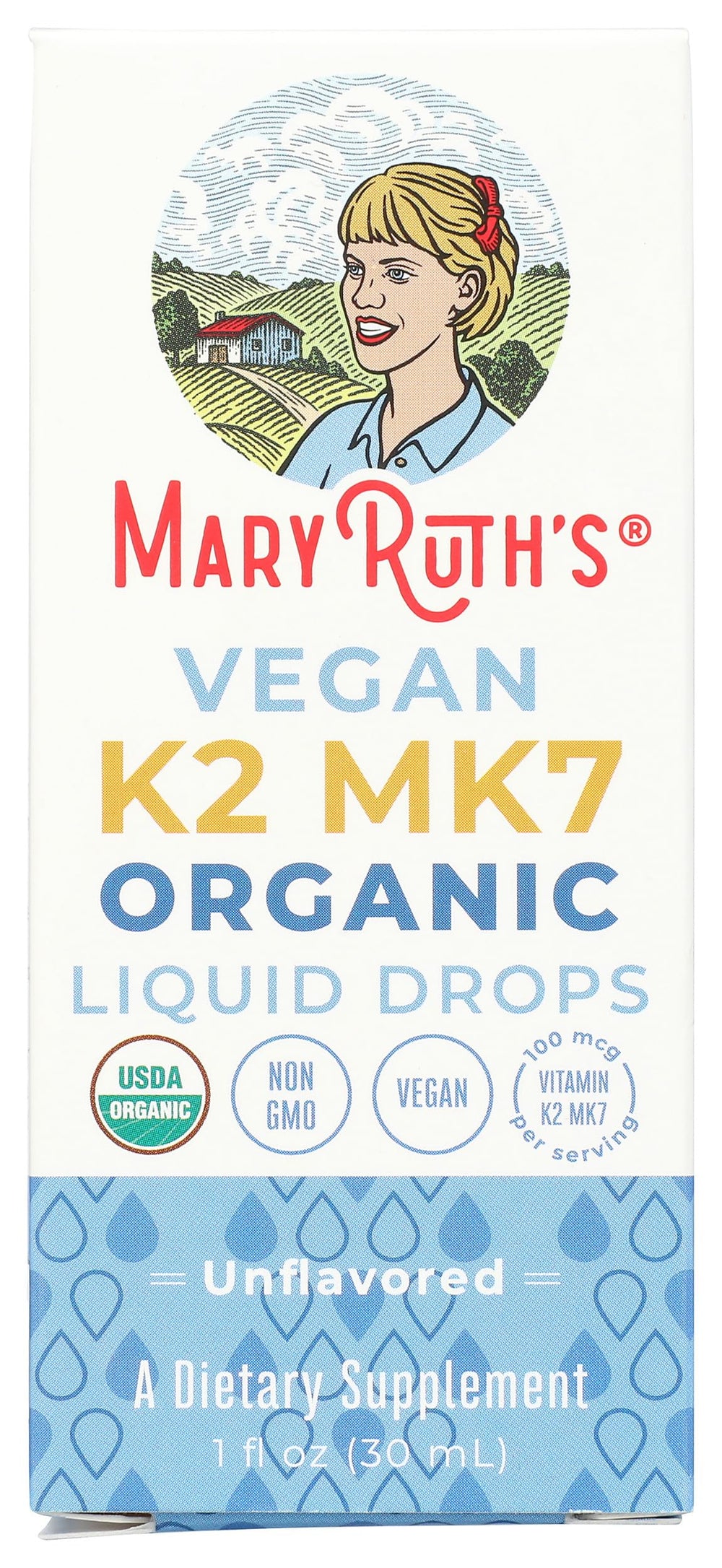 MaryRuth's K2 MK7 label close-up confirms USDA Organic and vegan credentials.