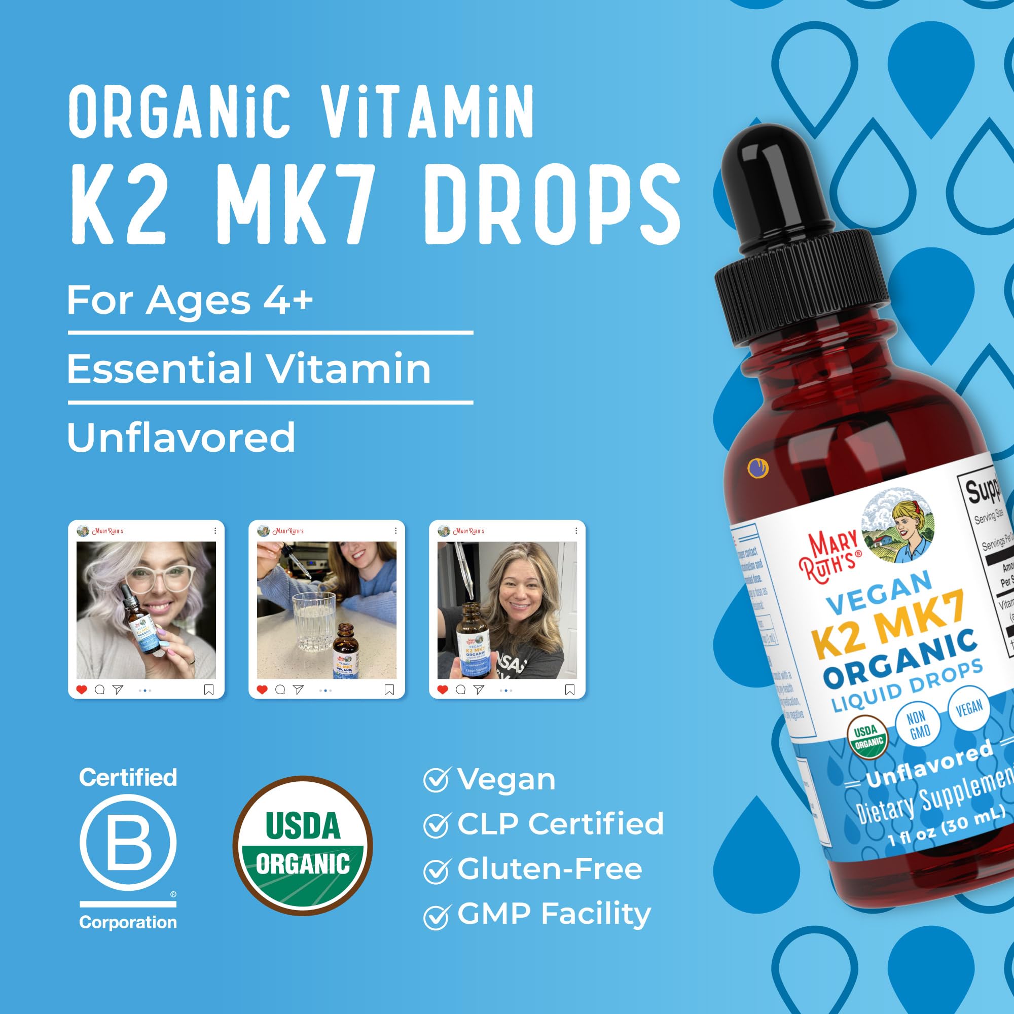 MaryRuth's K2 MK7 image emphasizes organic certifications and quality.