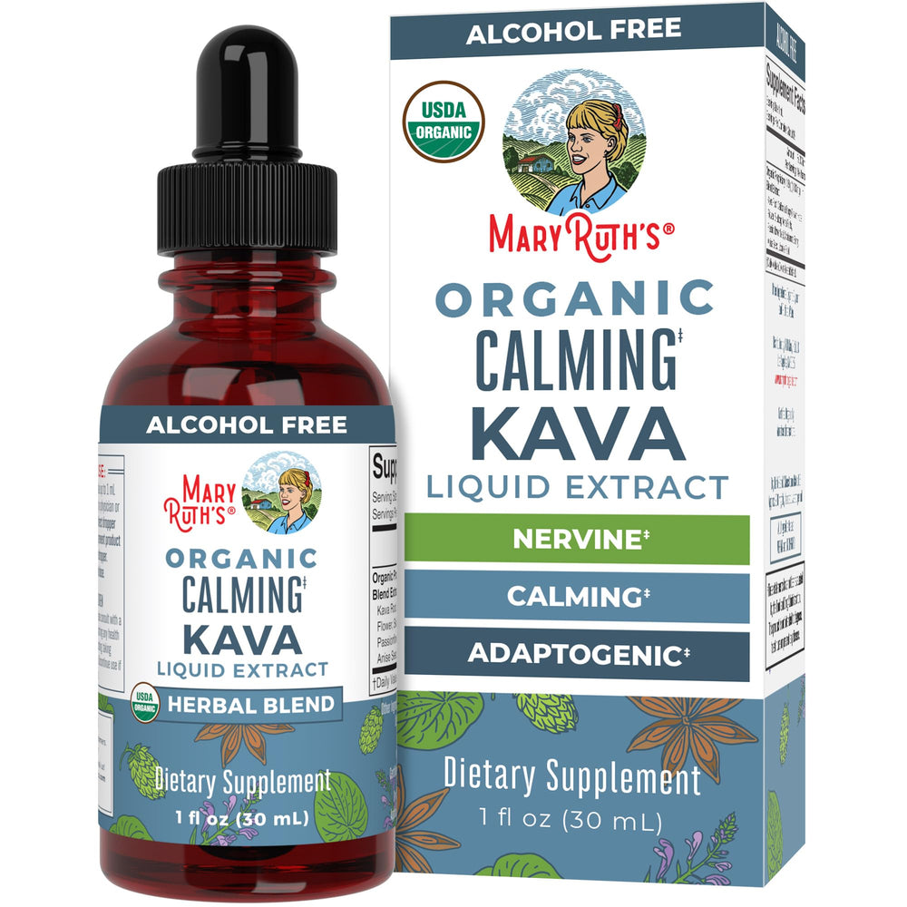 MaryRuth's Kava Root Liquid Extract bottle shown for calm support and easy dosing.
