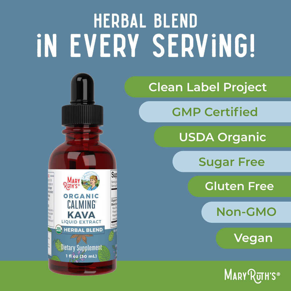 MaryRuth's Kava Extract emphasizes vegan and gluten-free attributes for sensitive diets.