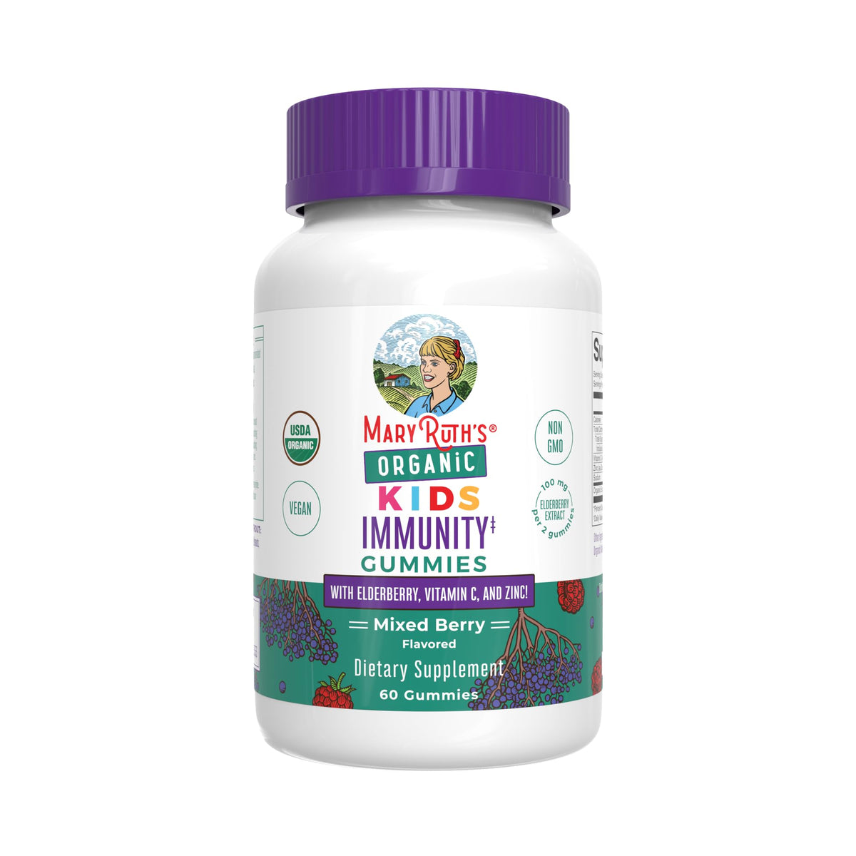 MaryRuth's Kids Immune Support Gummies bottle on table shows organic vegan formula