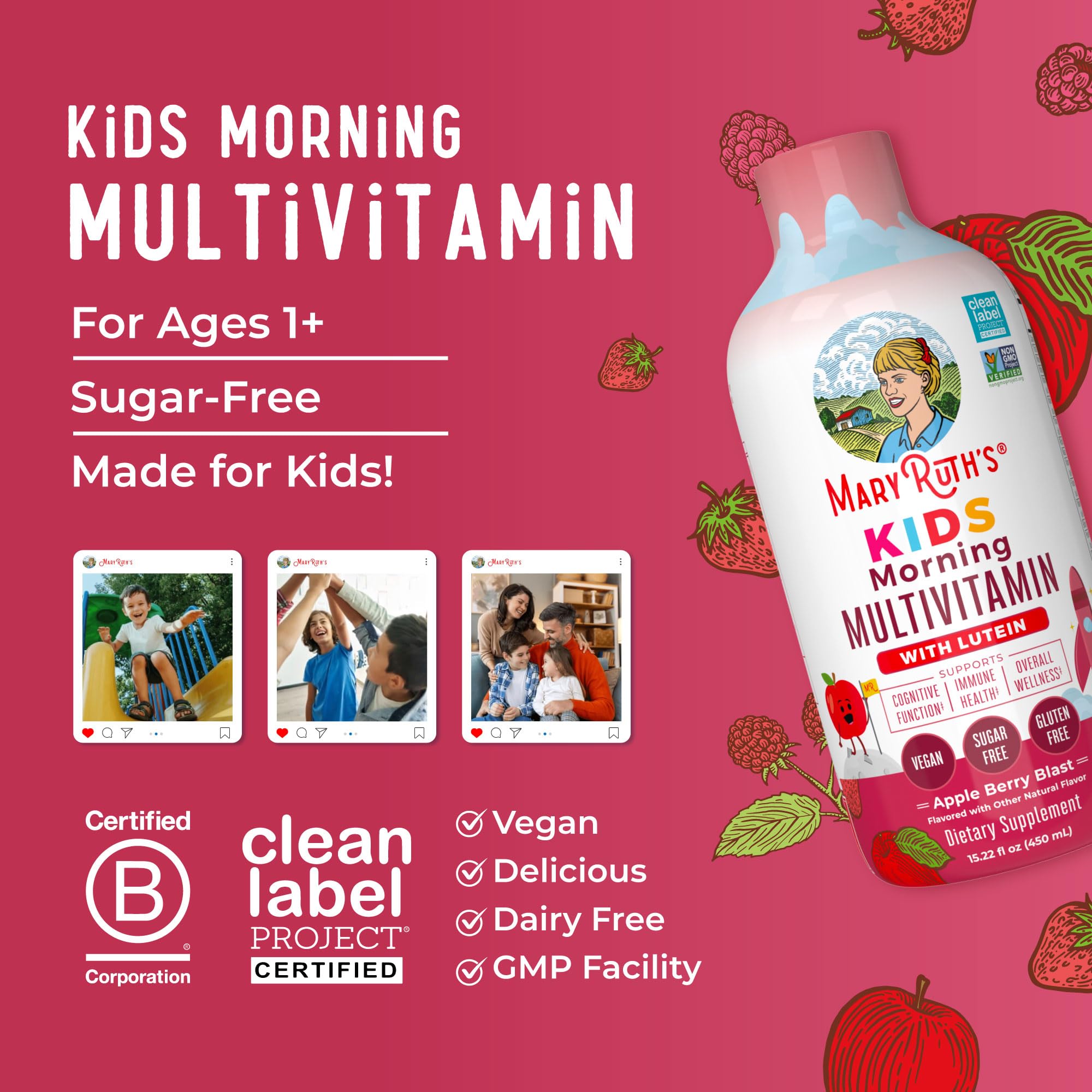 Vegan certification badge and immune-support ingredients on the label.