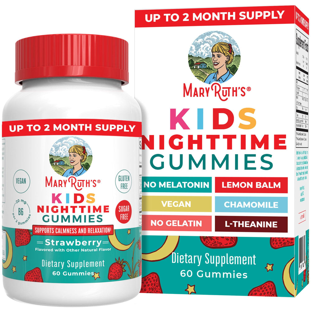 MARYRUTH'S Kids Nighttime Gummies bottle-front view shows sugar-free formulation for calmer bedtimes.