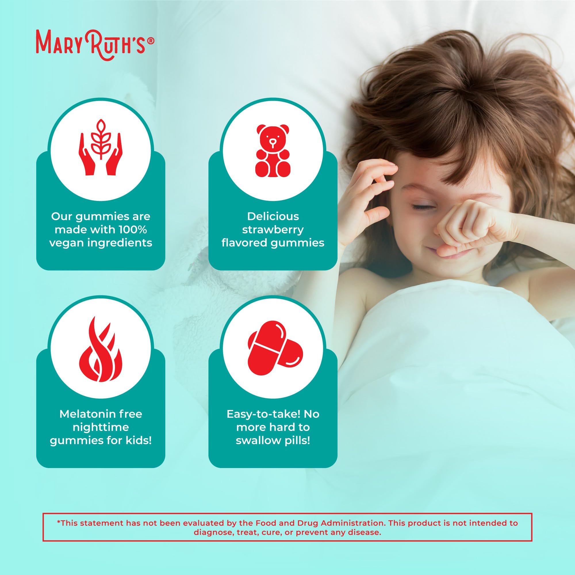 MARYRUTH'S Kids Nighttime Gummies dosing-ages-2-3-4-13 poster illustrates simple bedtime routine.