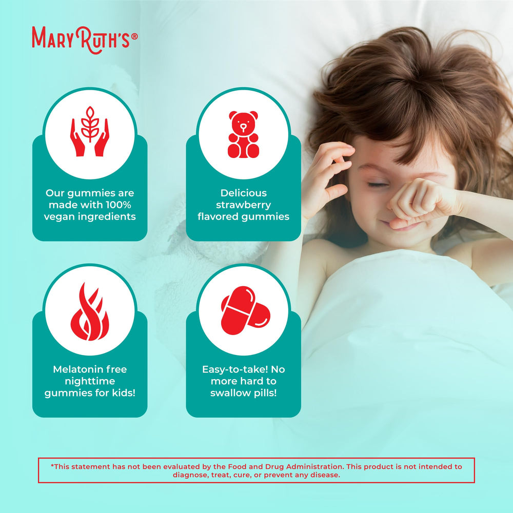 MARYRUTH'S Kids Nighttime Gummies dosing-ages-2-3-4-13 poster illustrates simple bedtime routine.