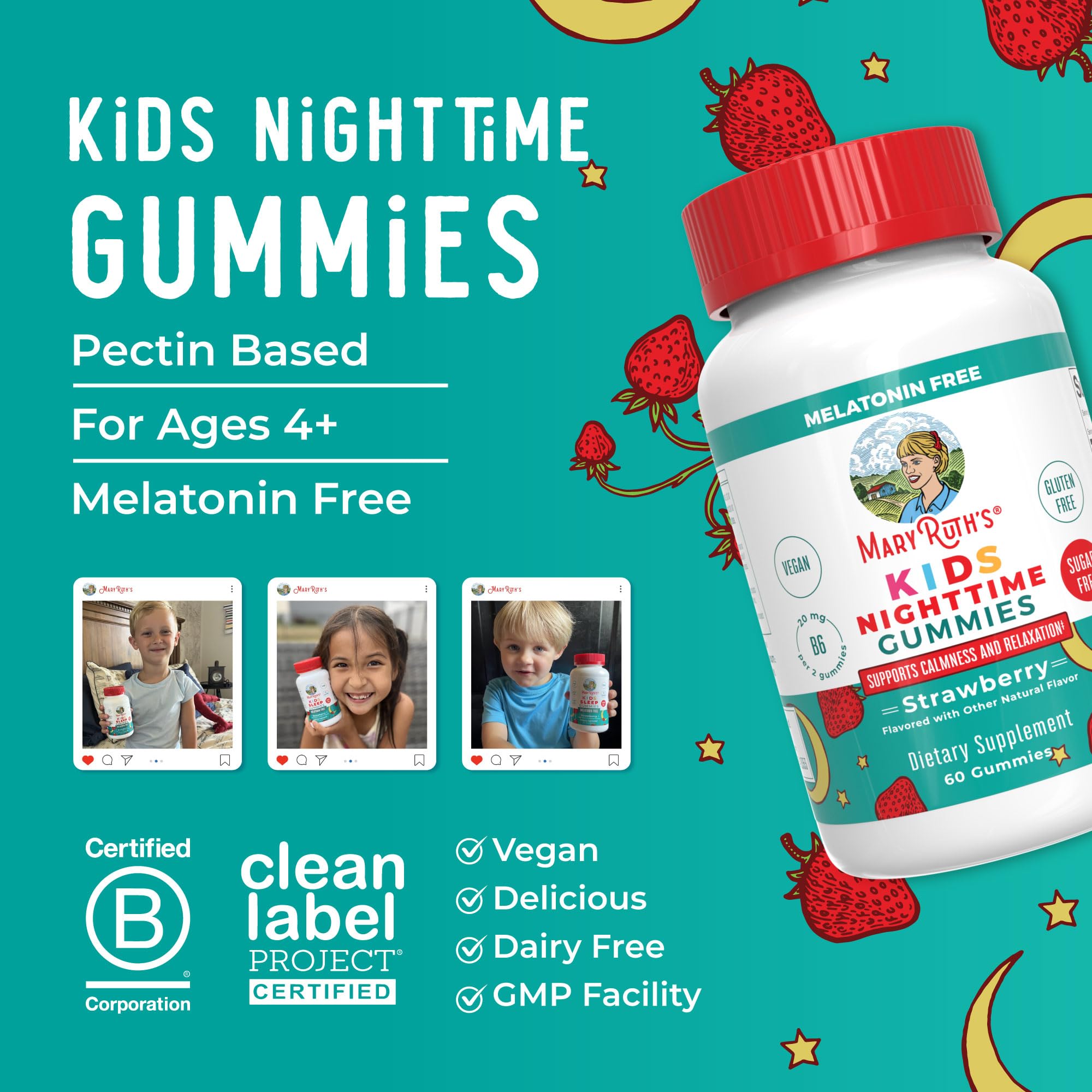 MARYRUTH'S Kids Nighttime Gummies l-theanine-chamomile-lemon-balm graphic highlights calming herbal blend.