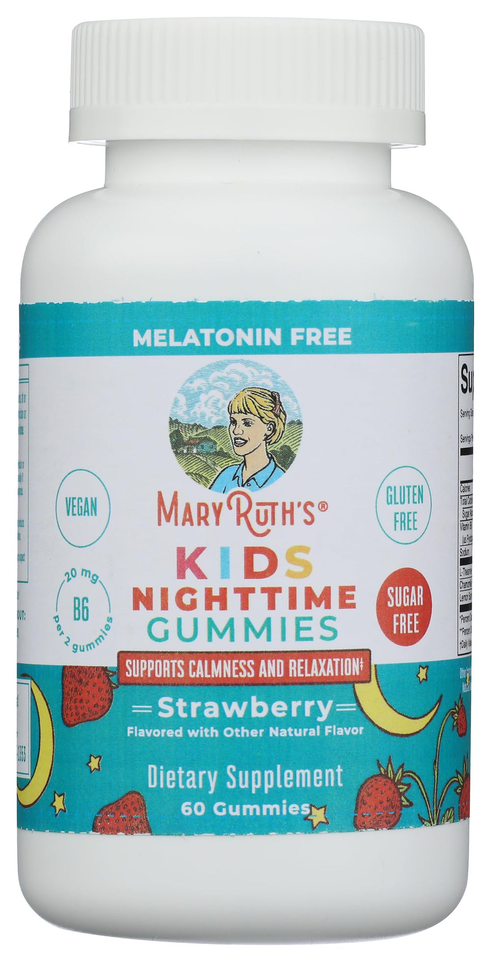 MARYRUTH'S Kids Nighttime Gummies ingredients-label lists L-theanine, chamomile, and lemon balm.