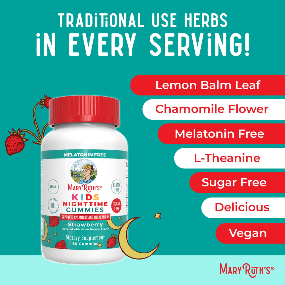 MARYRUTH'S Kids Nighttime Gummies melatonin-free badge communicates non-medicated bedtime option.