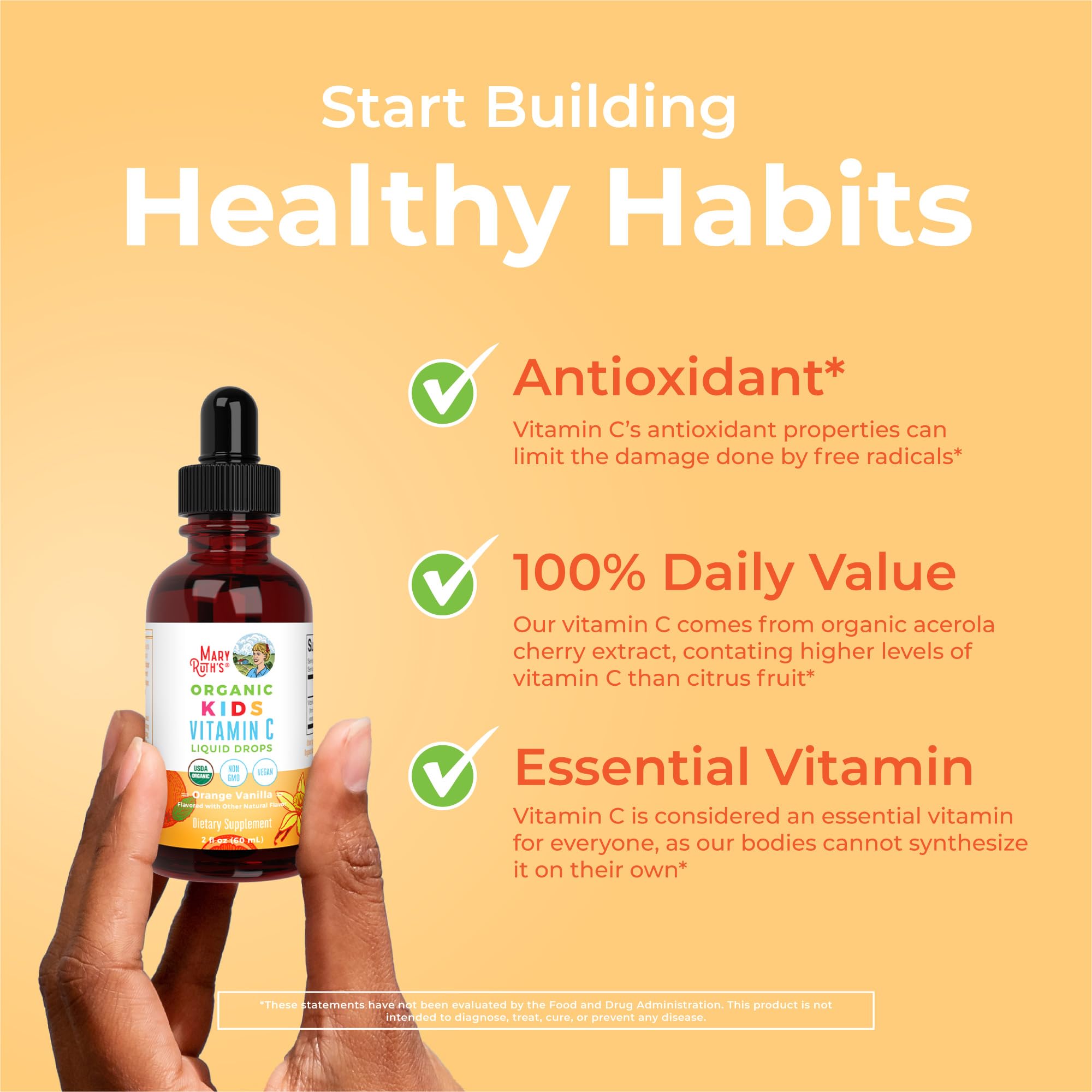 MARYRUTH'S orange-vanilla flavor drops beside a glass of juice for daily use.
