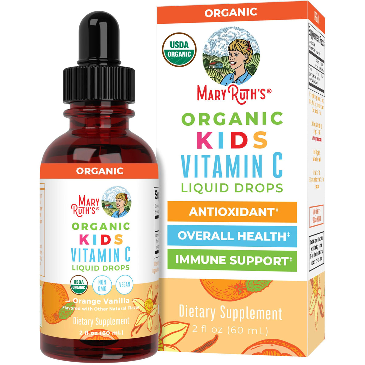 MARYRUTH'S Kids Vitamin C Drops bottle close-up with orange-vanilla flavor for immune support.