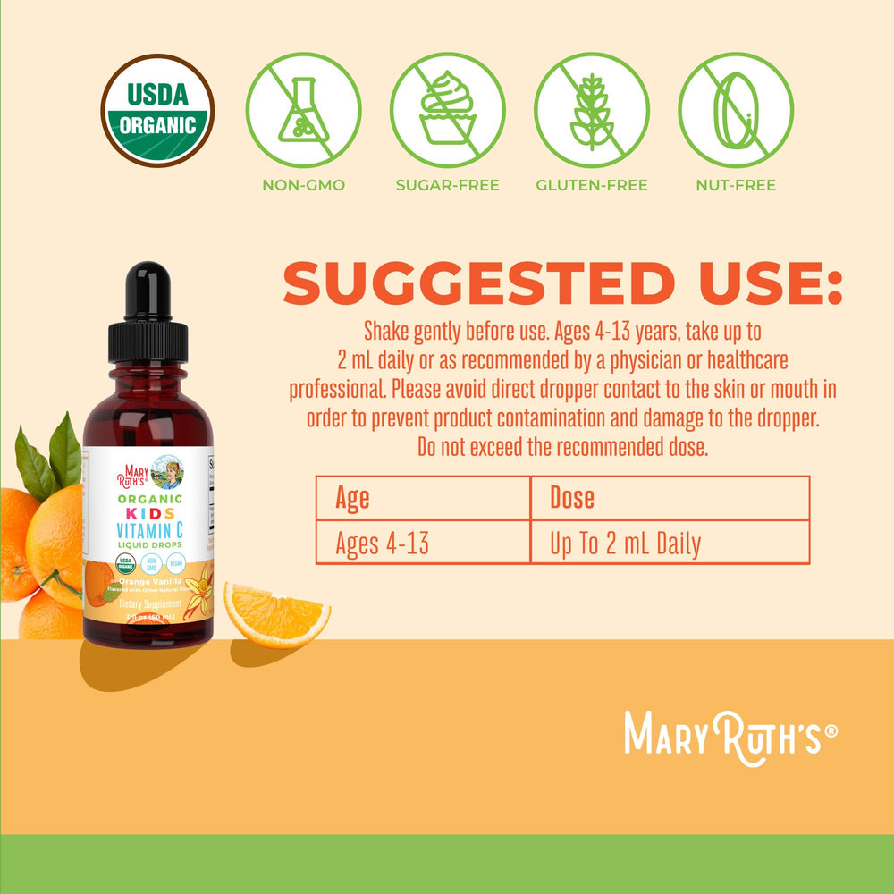 MARYRUTH'S drops poured into juice for tasty, kid-friendly vitamin C intake.