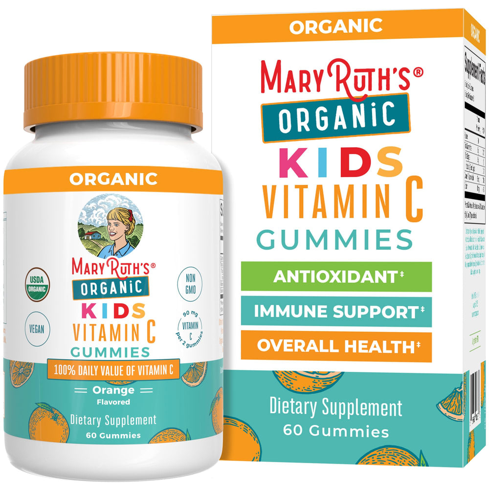 MARYRUTH'S Kids Vitamin C Gummies bottle displays orange flavor and supports immune health.
