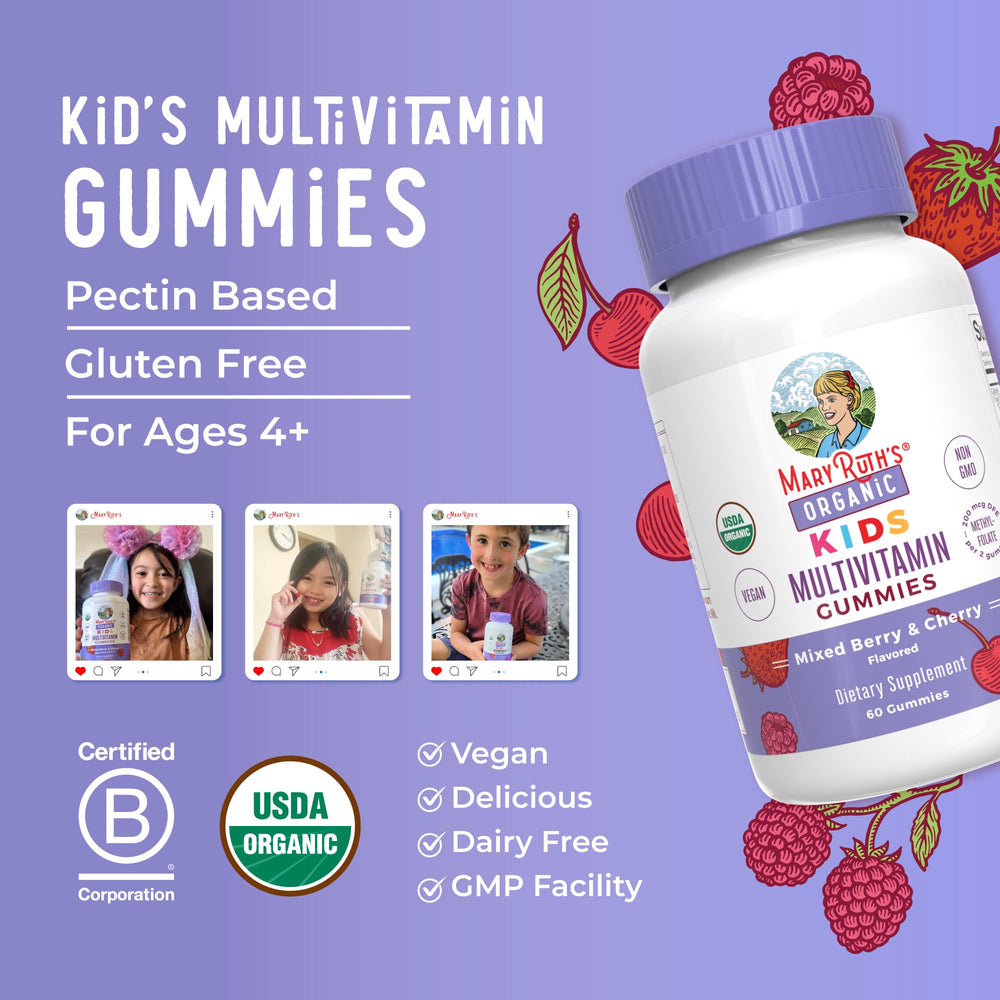 MaryRuth's Kids vitamins on family breakfast table supporting daily routine.