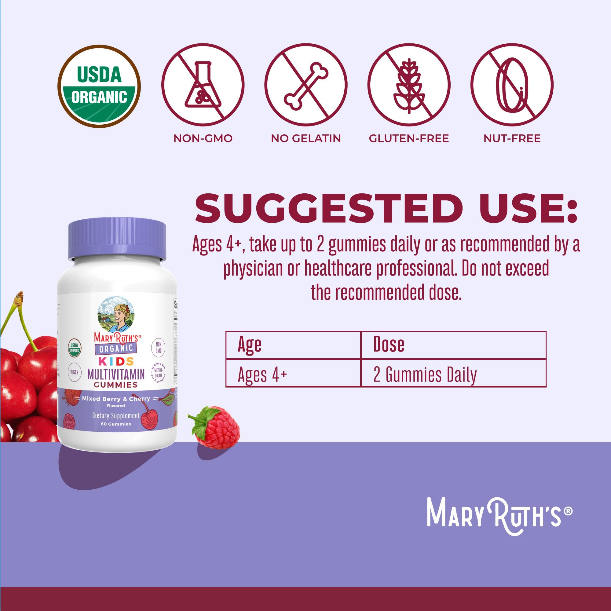 MaryRuth's Kids Gummies close-up in berry-cherry flavor ideal for daily intake.