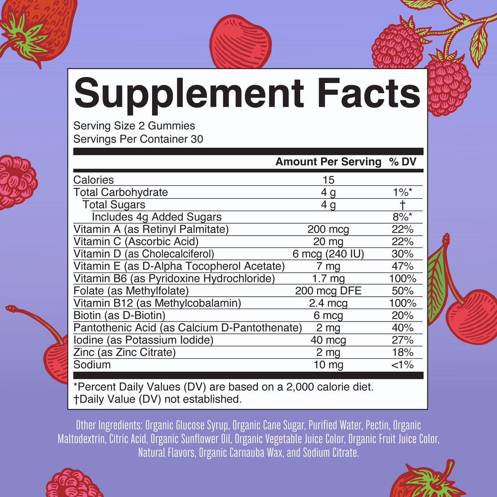 MaryRuth's Kids Multivitamin label close-up highlighting vegan, gelatin-free formulation.