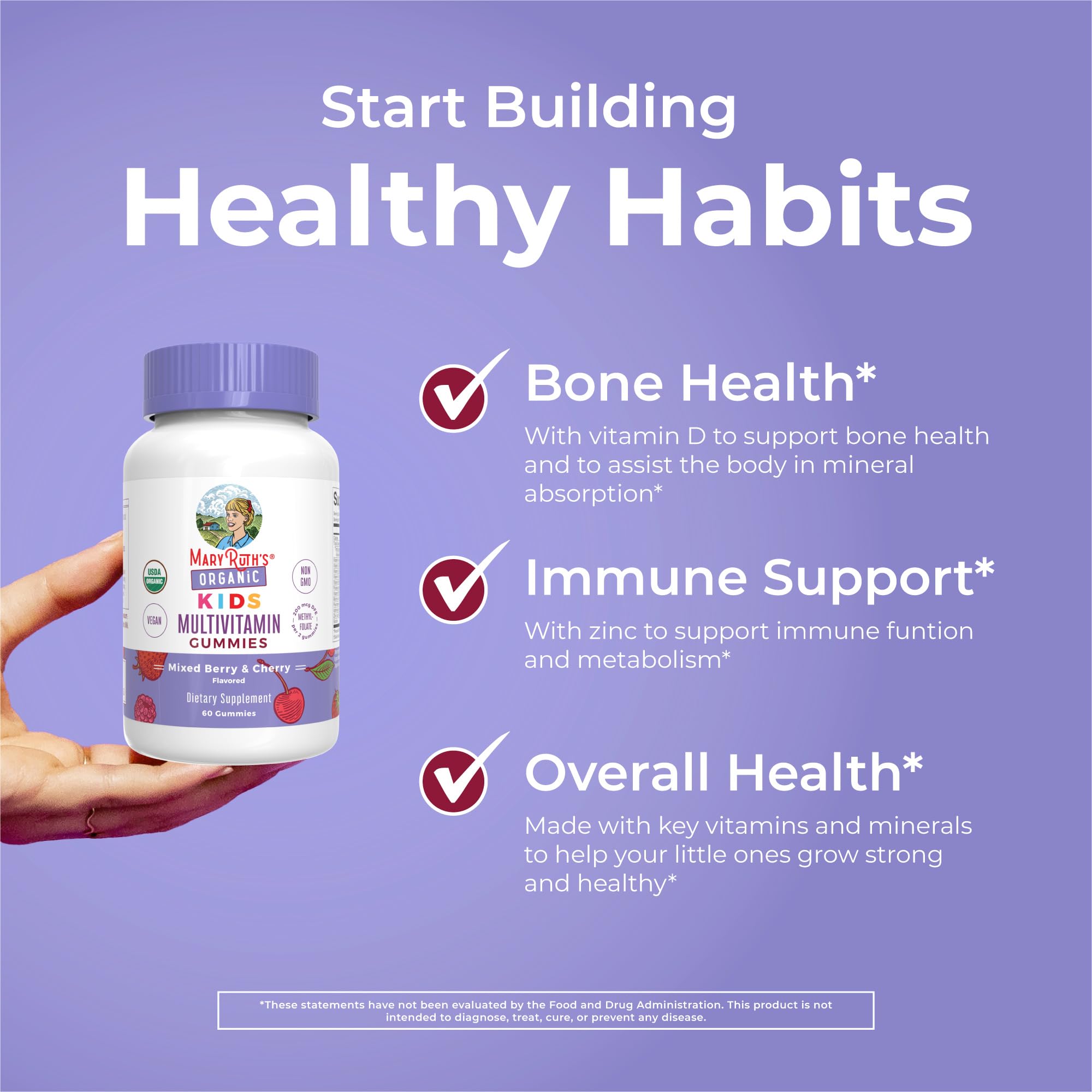 MaryRuth's Kids Vitamins vegan label signals plant-based, allergy-friendly options.